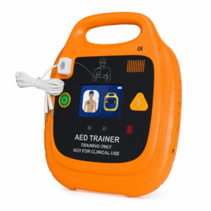 Orange AED trainer device with built‑in screen and wired cables, labeled for training only, not for clinical use.