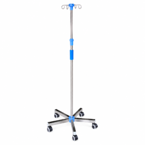 IV drip stand on a wheeled base with blue height-adjustment clamps (medical equipment)