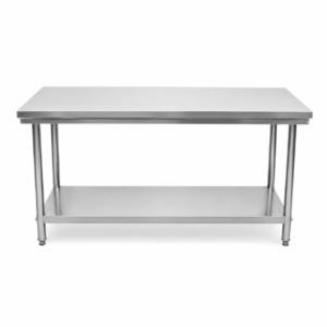 Stainless steel industrial work table with an upper surface and a lower shelf on four legs, typical of a commercial kitchen.