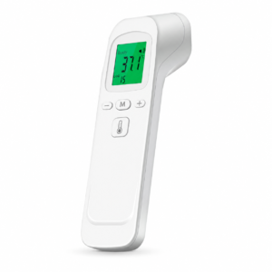 Weißes Infrarot-Thermometer mit grün beleuchtetem Display, das eine Körpertemperatur von 37,1 °C anzeigt.