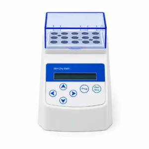 Mini-Trockenbad-Inkubator mit geöffnetem blauem Deckel, der einen Metallblock mit 16 Vertiefungen und darunter ein Bedienfeld zeigt