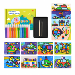 Kinder-Malset, kreativ, mit bunten Stiften, MALTABLETT und Aktivitäten-Tafel mit Fahrzeugen und Cartoon-Szenen auf weißem Hintergrund I.png