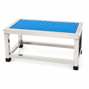 Industrial stainless steel bench with a blue diamond-plate top and black rubber feet