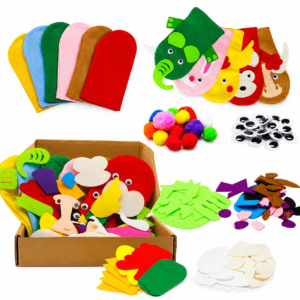 Bunte Bastelmaterialien, darunter Filzplatten, Schaumstoffformen, Pompons, Wackelaugen und Tiermasken vor einem weißen Hintergrund.