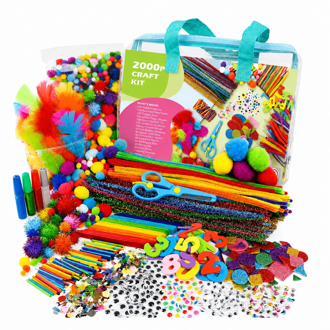 Bunter Bastelset-Inhalt, der aus einer durchsichtigen Tasche quillt, einschließlich Pompons, Federn, Pfeifenreiniger, Perlen und Scheren.