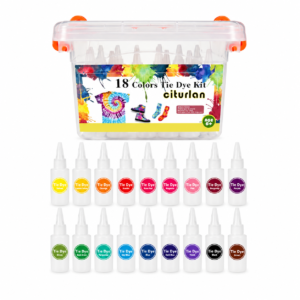 18-farben Batik-Kit mit Quetschflaschen und Aufbewahrungswanne, beschriftete Farben auf den Flaschen sichtbar