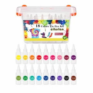 18-farben Batik-Kit mit Quetschflaschen und Aufbewahrungswanne, beschriftete Farben auf den Flaschen sichtbar