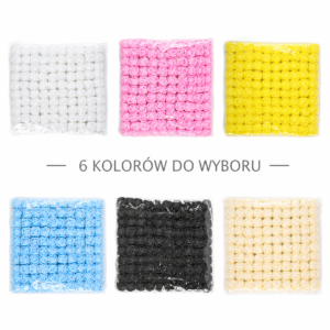 Sechs Packungen mit winzigen rosenförmigen Perlen in sechs Farben: Weiß, Pink, Gelb, Blau, Schwarz und Creme.