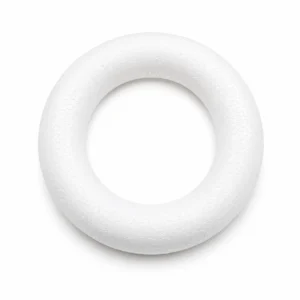 Weißer Schaumstoffring in Donut-Form mit hohler Mitte und strukturierter Oberfläche, von oben betrachtet.