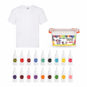 Weißes T-Shirt und ein 18-farbiges Batik-Kit mit Flaschen, die unten aufgereiht sind, und einer bunten Farbschüssel rechts.