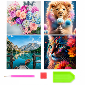 Collage aus vier Kunstdrucken: oben links ein Strauß aus pinken, pfirsichfarbenen und blauen Blumen vor hellblauem Hintergrund.