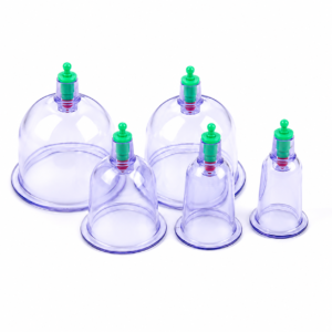 Set aus fünf violetten Glasglocken mit grünen Ventilstöpseln auf weißem Hintergrund, in einer Gruppe angeordnet.