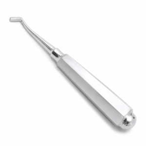 Edelstahl-Dentalinstrument mit gebogenem, abgewinkeltem Ende, das zum Ziehen oder Sondieren von Zähnen verwendet wird.