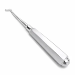 Edelstahl-Dentalinstrument mit gebogenem, abgewinkeltem Ende, das zum Ziehen oder Sondieren von Zähnen verwendet wird.