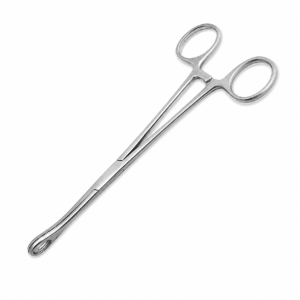 Lange chirurgische Pinzette aus Edelstahl mit Ringgriffen auf weißem Hintergrund.