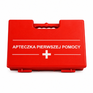 Red first aid kit with a white cross and the Polish label 'APTECZKA PIERWSZEJ POMOCY' on a white background