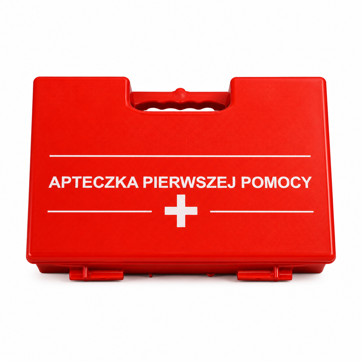 Erste-Hilfe-Kasten rot mit weißem Kreuz und der polnischen Beschriftung 'APTECZKA PIERWSZEJ POMOCY' auf weißem Hintergrund