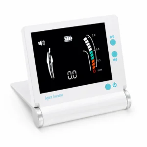 Apex-Lokalisator für Dentalgeräte mit schwarzem Bildschirm, der eine Wurzelkanalfeile und eine Tiefenanzeige auf dem Display und blaue Bedienelemente an der Seite anzeigt, weißes Gehäuse