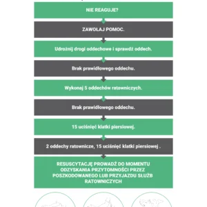 Infografik von Medyczny.eu zeigt Schritt für Schritt kinderärztliche Reanimation: Ansprechbarkeit prüfen, Hilfe rufen, Atemweg freimachen, Atmung prüfen, 5 Beatmun-gen geben, dann Herzdruckmassage und nach Bedarf fortsetzen.