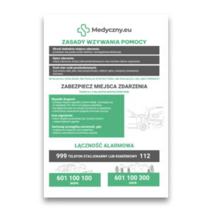 Polnische Erste-Hilfe-Infografik mit dem Titel ZASADY WZYWANIA POMOCY, schrittweiser Notfallanleitung, Sicherheitstipps und Notrufnummern (999, 112, 601 100 100, 601 100 300) sowie einer Abbildung eines Autos auf der rechten Seite.