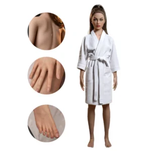 Schaufensterpuppe mit einem weißen Spa-Bademantel, mit drei kreisförmigen Nahaufnahmen von Haut, Nägeln und Füßen zur Veranschaulichung von Schönheitsbehandlungen.