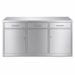 Edelstahl Sideboard mit drei oberen Schubladen und drei unteren Türen zur Aufbewahrung.