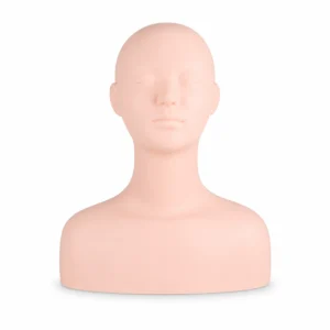 Plastik-Schaufensterpuppenkopf mit geschlossenen Augen, zum Üben von Make-up oder Frisuren.