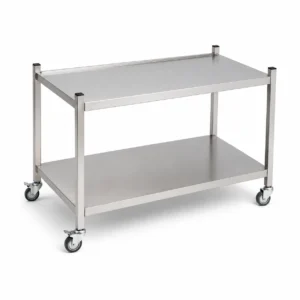 Zweietagiger Edelstahl-Servierwagen auf Rädern mit einer kleinen Reling auf der oberen Ablage für den Transport.
