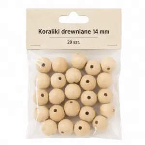 Beutel mit 14 mm Holzperlen mit Loch, 20 Stück, in einer handwerklichen Verpackung in Braun mit polnischer Beschriftung.