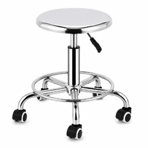 Chrom-Hocker mit verstellbarer Höhe und Rollen, mit runder Sitzfläche und fünf Lenkrollen, inklusive Fußring und Hebel an der Seite